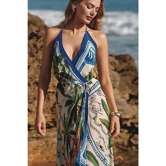 Farm Rio Tropical Destination Palm Tree Halter Strappy Maxi Dress Size S - Picture 3 of 4
